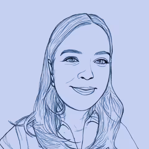 Blue line drawing portrait of Áine smiling