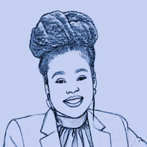 Blue line drawing portrait of Felisha smiling