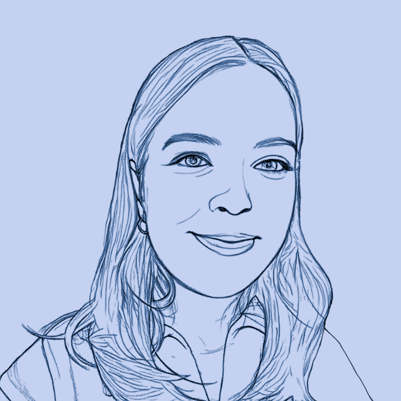 Blue line drawing portrait of Áine smiling