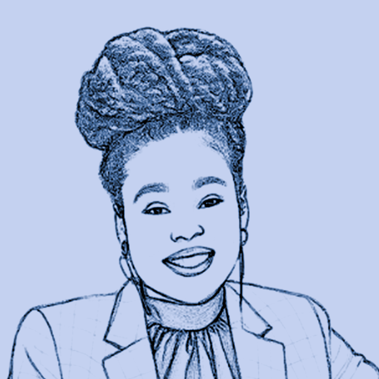 Blue line drawing portrait of Felisha smiling