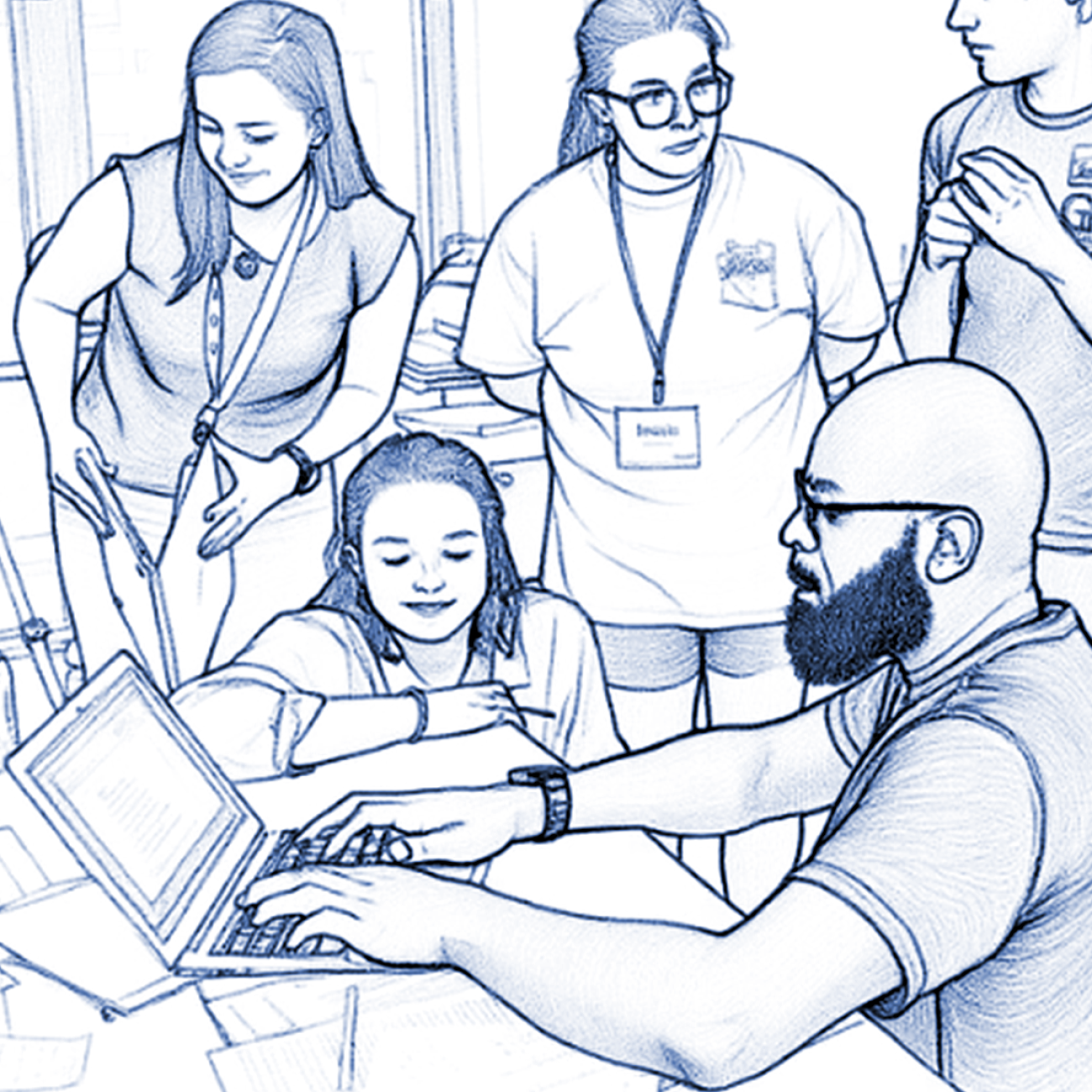 A group of people collaborates around a laptop, exchanging ideas.