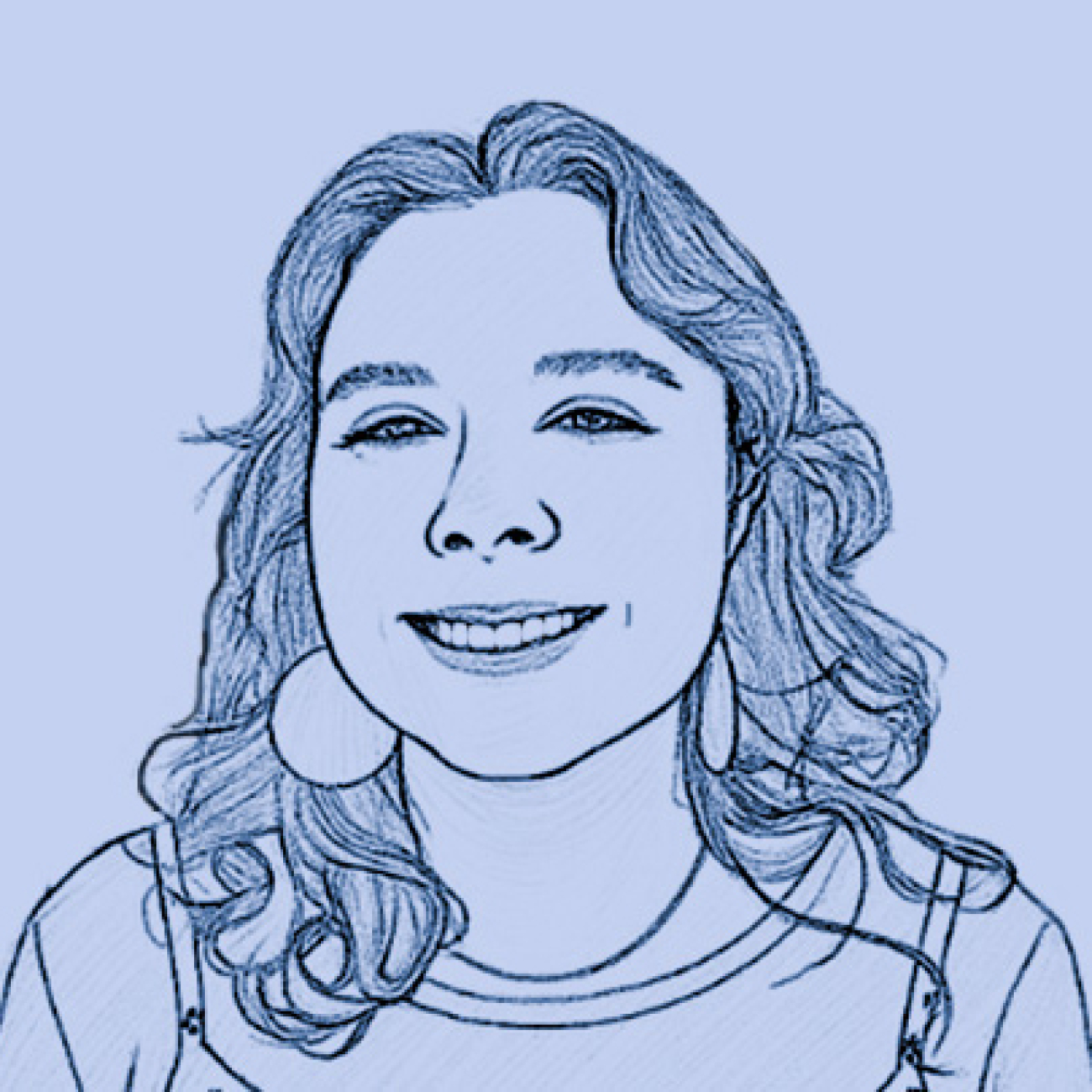 Blue line drawing portrait of Kira smiling