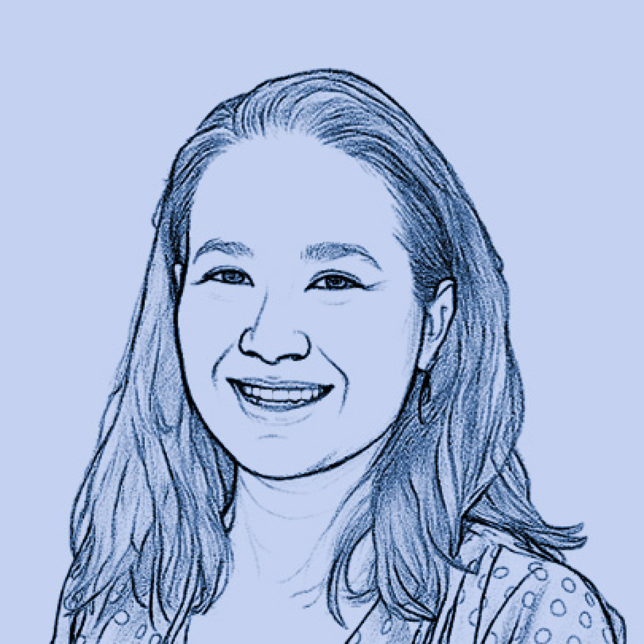 Blue line drawing portrait of Maria smiling