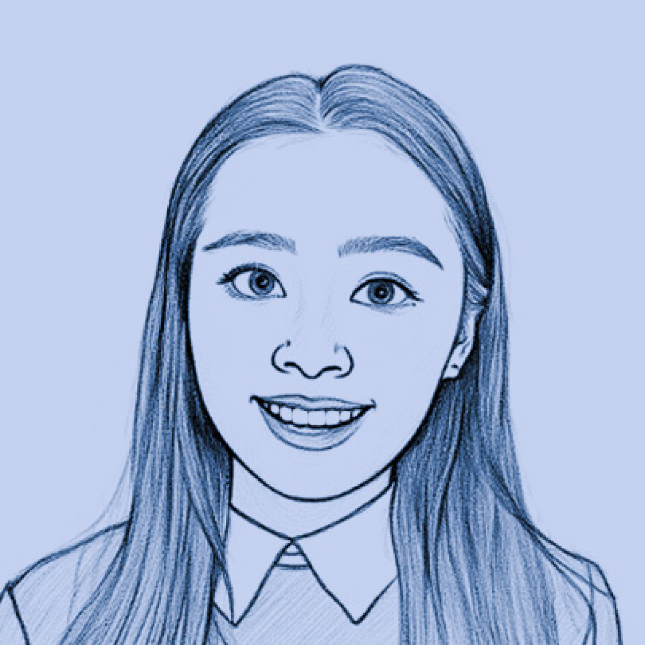 Blue line drawing portrait of Rainie smiling